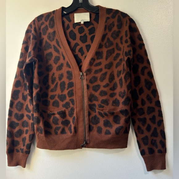 3.1 Phillip Lim Leopard Print Gray Merino Zip Cardigan Size S - Picture 4 of 12